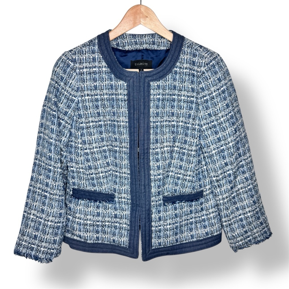 Talbots Women’s Blue White Tweed Collarless Open Blazer Pockets Classic Jacket